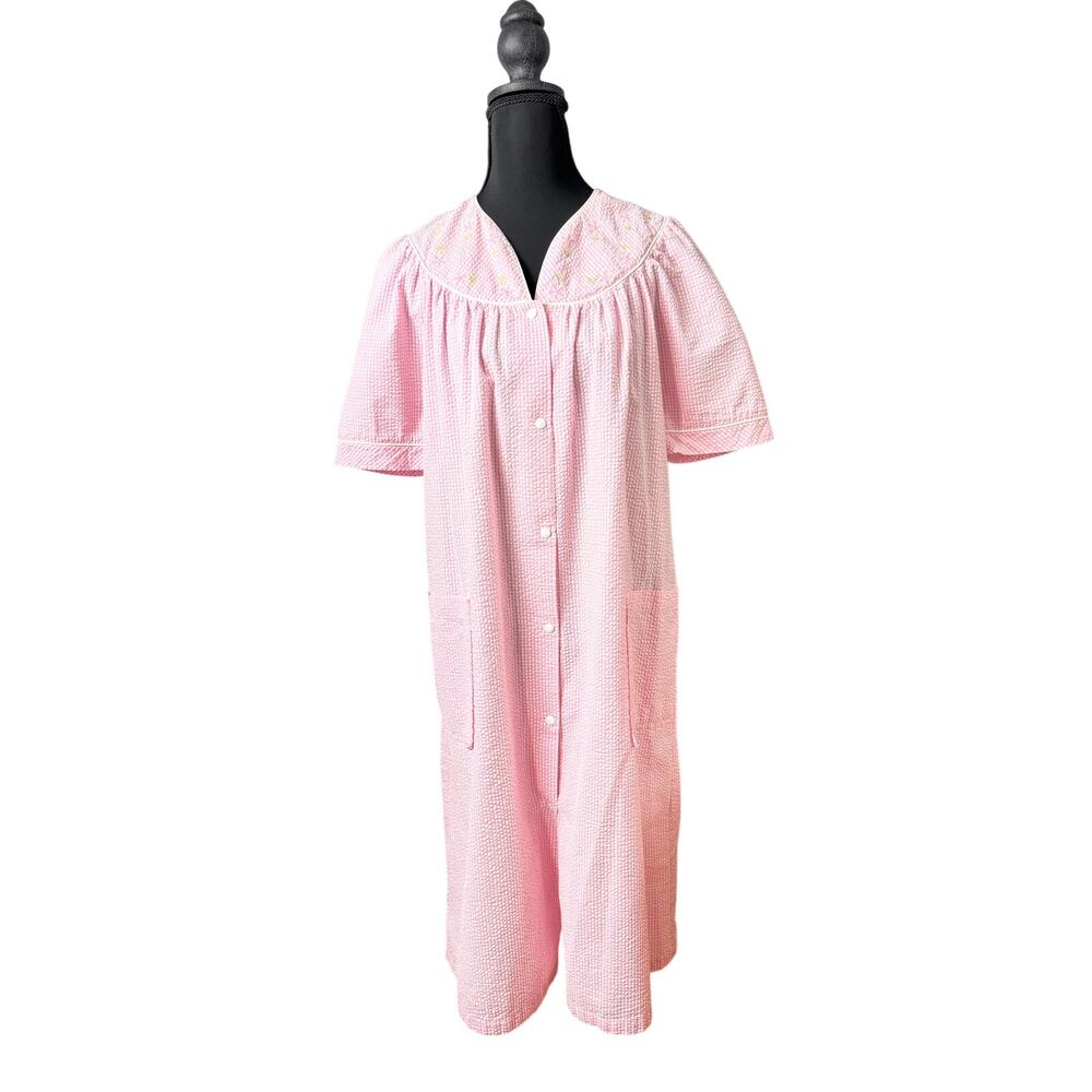Vintage 80s 90s Pink Gingham Duster House Dress‎ Sleepwear Grannycore S/P Retro